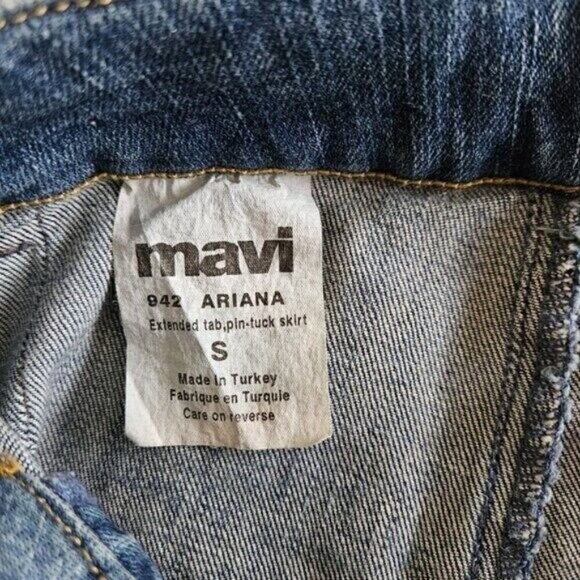 Mavi Ariana Denim Skirt US S Blue Pintuck Midi Back Slit Zip Fly Stretch Preppy - Picture 6 of 10